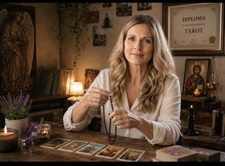 Vidovita Lena — portret sa tarot kartama i brojanicama